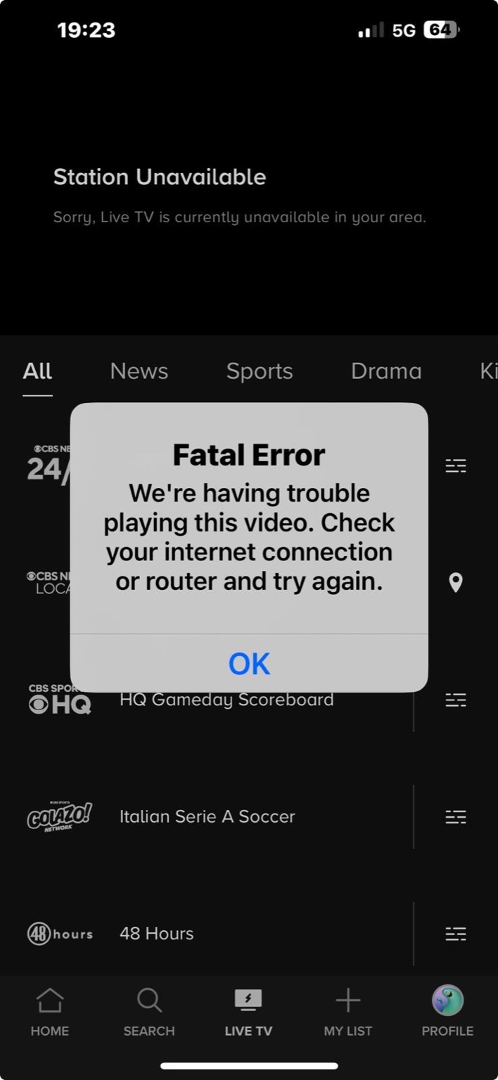 Errore: Errore Fatale di Riproduzione Dispositivo mobile iOS/Android
